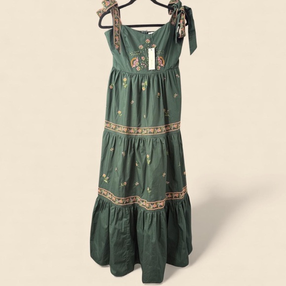 NWT Mable Green Embroidered Tie-Shoulder Maxi Dress L